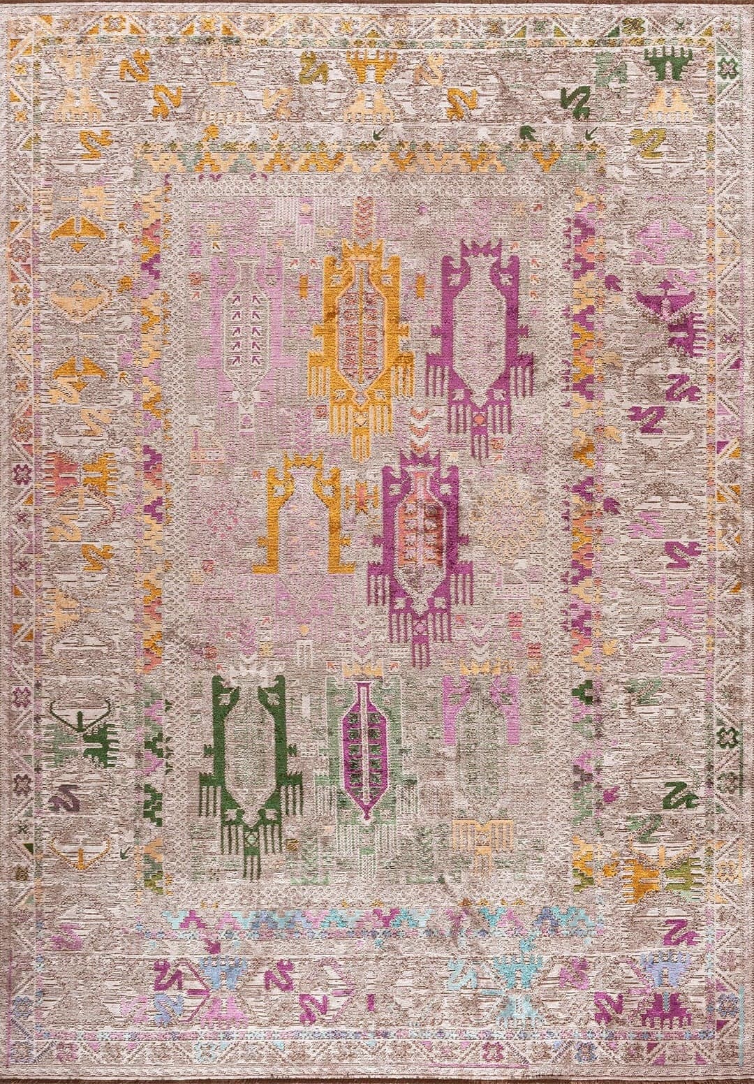 FOLK STONE - MUSTARD - FOREST GREEN - LIGHT CREAM - PURPLE - TURQUOISE RUG - 1