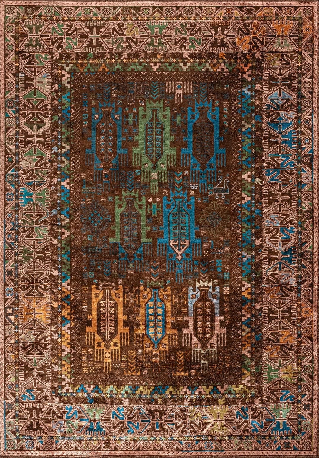 FOLK DARK BROWN - FOREST GREEN - ORANGE - LIGHT CORAL - CYAN - KIWI RUG - 1