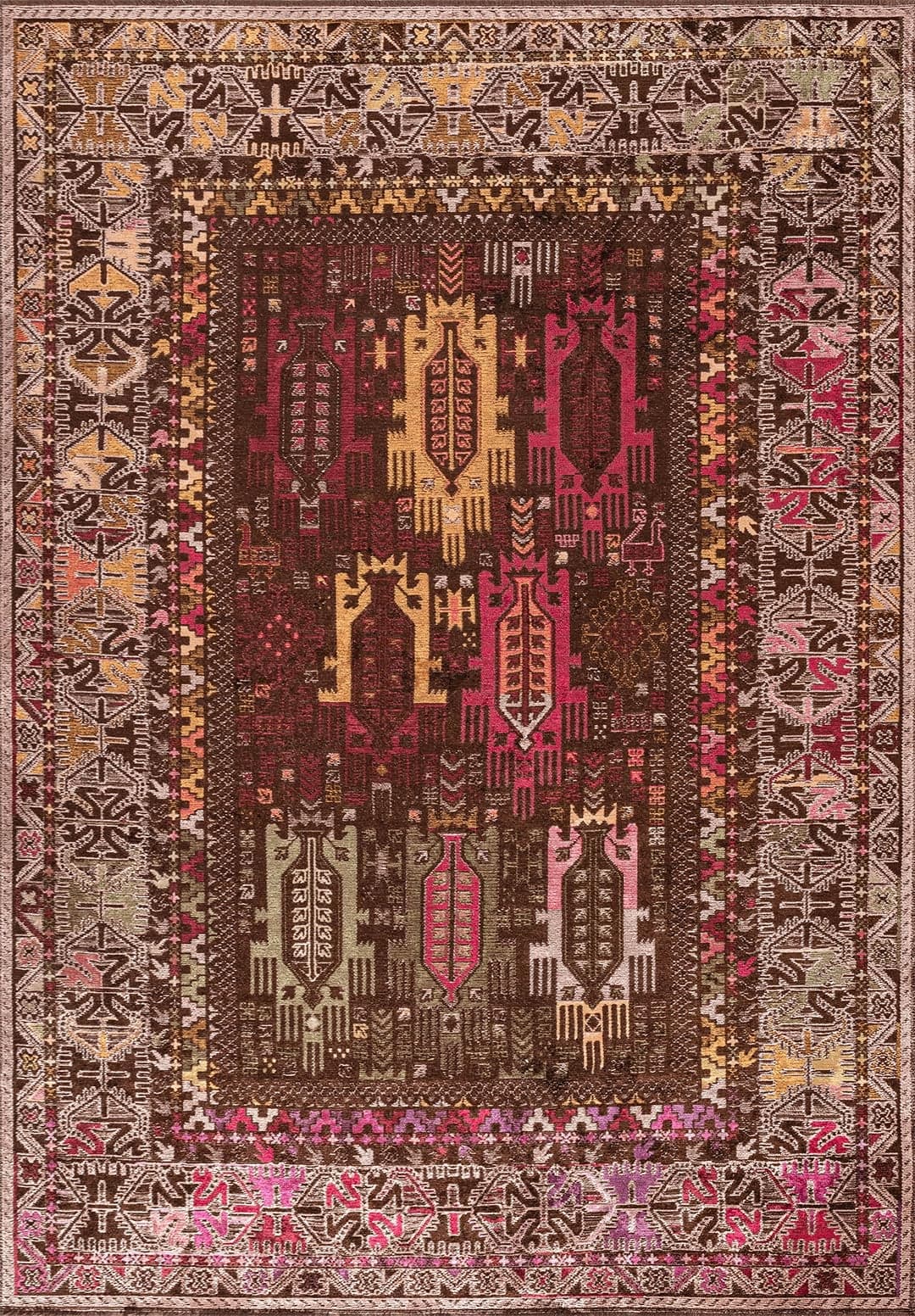 FOLK DARK BROWN - MUSTARD - GREEN - COPPER - MAGENTA - PURPLE RUG - 1