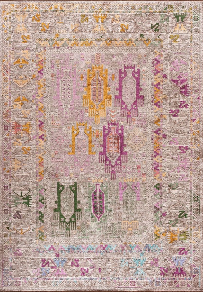 FOLK STONE - MUSTARD - FOREST GREEN - LIGHT CREAM - PURPLE - TURQUOISE RUG - 1