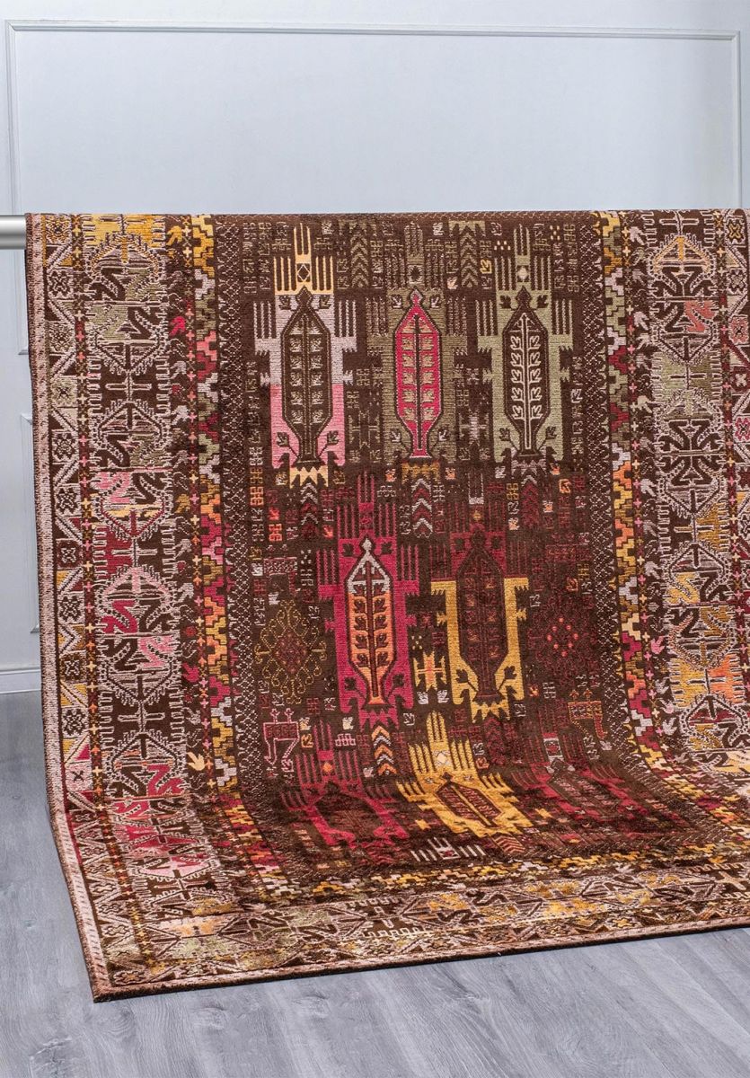 FOLK DARK BROWN - MUSTARD - GREEN - COPPER - MAGENTA - PURPLE RUG